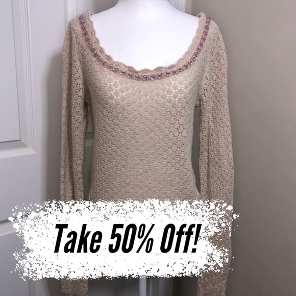 Free People Sweaters - Free People Sweater Cream with Ribbon & Gemstones